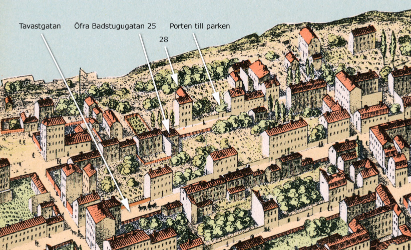 Kvarteret Katthufudet, mellan 1870-75. Kartan trycktes 1875 och kallas Neuhaus stockholmspanorama.