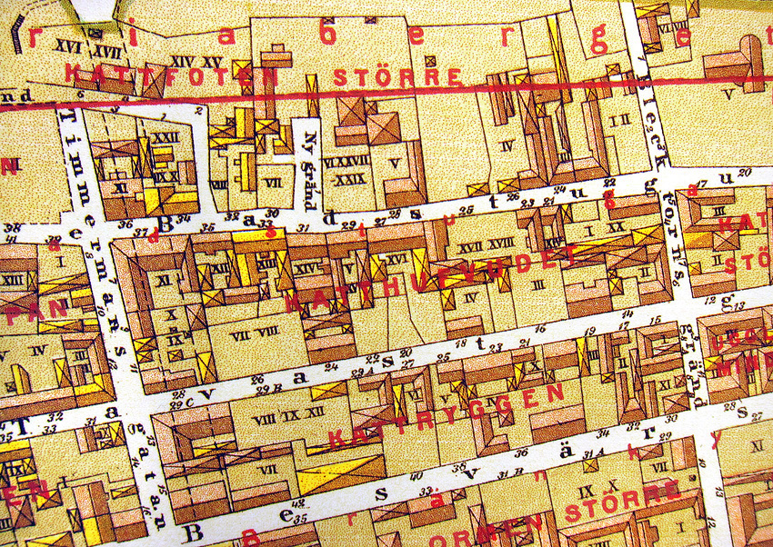 Kvarteret Katthufvudet. Del av karta upprättad 1885 av A. R. Lundgren.